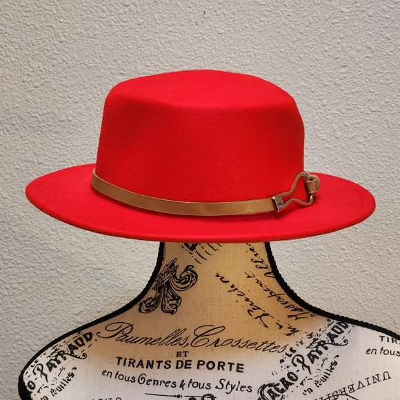 Womens Vintage Red Felt Fedora Buckle Decor Vintage  - NEW - Picture 2 of 6